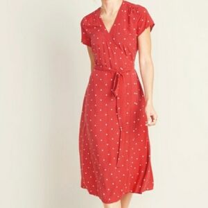 Old Navy Coral/Red Midi Wrap Dress with White Dot Print